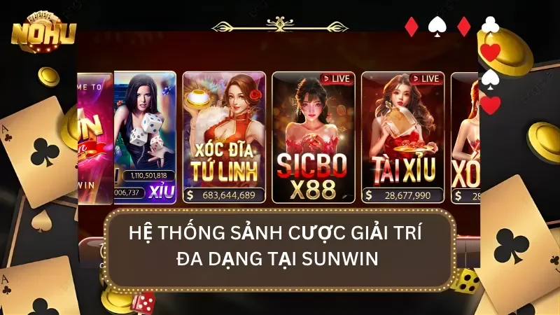 Năm thể loại game tại Sunwin gồm game bài, tài xỉu, mini game, nổ hũ, xóc đĩa